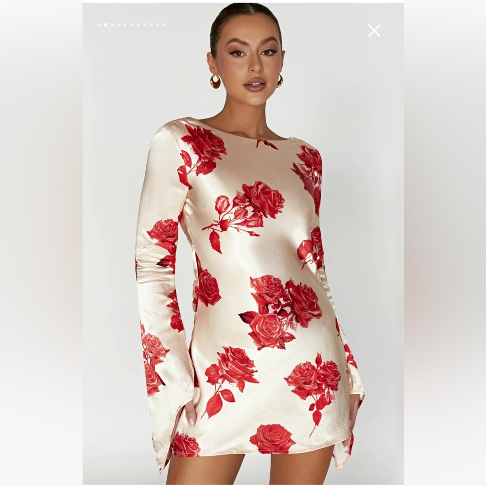Meshki Davina Satin Long Sleeve Mini Dress - Rose Print
